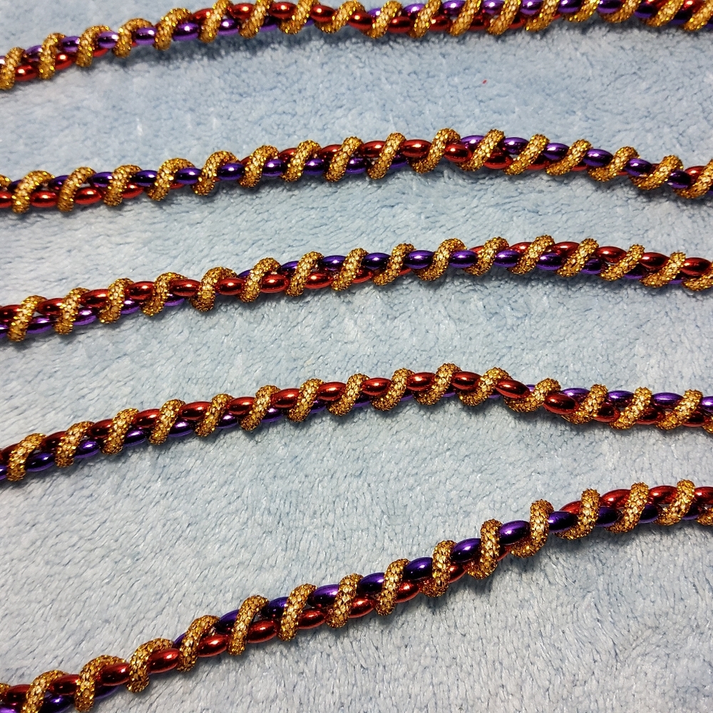 Vintage Mini Christmas Tree Garland Red Purple Braided Beads Gold Rope 2 Pieces